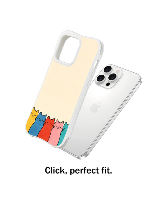 PhoneCasing iPhone 16 Pro Max with Balancing Cat Squad design, silly and charming cats leaning on each other with a gentle, clumsy humor.