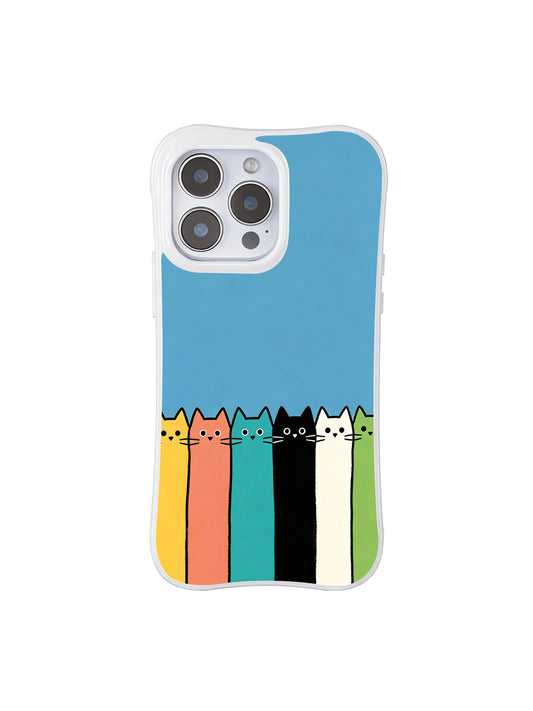 PhoneCasing iPhone 16 Pro Max featuring Blue Wall Cat Lineup art by Mimi Colorfield, colorful cats queuing against a soft blue background.