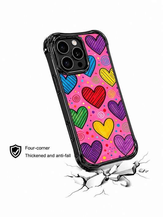 PhoneCasing iPhone 13 Pro Max case with hand drawn lined rainbow hearts, spiral swirl and polka dot accents, vibrant cheerful pop art phone casing.