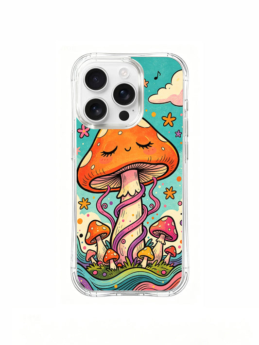 PhoneCasing iPhone 16 pro max Case, limited Luna Moss artist collab fine art casing featuring sleeping giant orange fly agaric under dreamy teal sky, singing cartoon cloud and blooming star-shaped blossoms, gallery-grade wearable art crafted in California for retro psychedelic folk art collectors