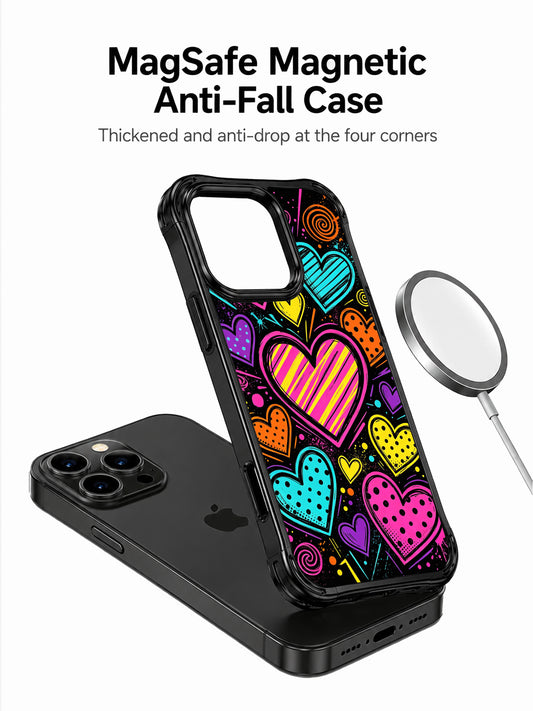 PhoneCasing iPhone 13 Pro Max case with colorful hand drawn heart parade design, striped and polka dot pop art casing for bold romantic style lovers.