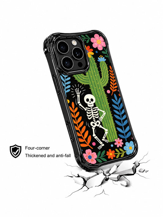 PhoneCasing iPhone 16 pro max Case with a smiling skeleton dancing at the center, tall cactus behind it, surrounded by colorful desert blooms and foliage, folk fantasy print on black background, stylish iPhone 16 pro max casing.