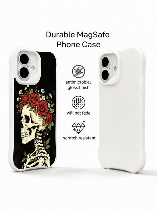 PhoneCasing dark romantic dark-bloom skeleton iPhone 16 Case, vintage ink drawn crown rose goth design, fade resistant anti-drop protective iPhone 16 cover