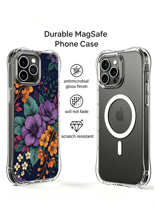 PhoneCasing iPhone 16 Pro Max Case with the Dark Romantic Botanical design. Lush flowers and teal leaves, scratch-resistant protective case made in California.