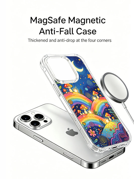 PhoneCasing iPhone 16 pro max Case, premium anti-drop transparent casing displaying spotted red mushrooms scattered across stacked rainbow slopes, dense twinkling starry dark navy sky and spiral texture foliage, boho cottagecore styled iPhone 16 pro max casing produced in US domestic factory.