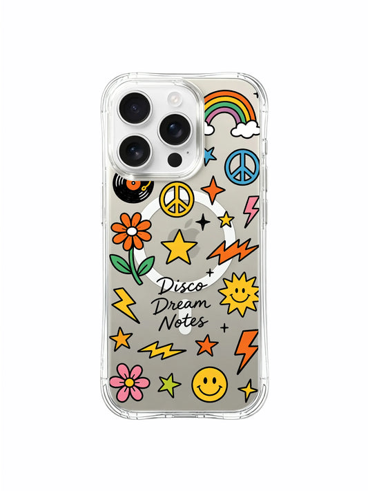 PhoneCasing iPhone 16 pro max scratch-resistant protective case with colorful lightning bolts and star elements of the "Disco Dream Notes" design.