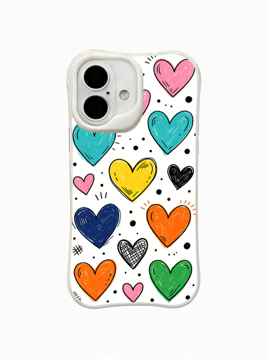 PhoneCasing Doodle Heart Exercise Book Case for iPhone 16 Plus by artist Mila Hartwell, a playful iPhone 16 plus casing with hand-drawn colorful hearts and sketch details.