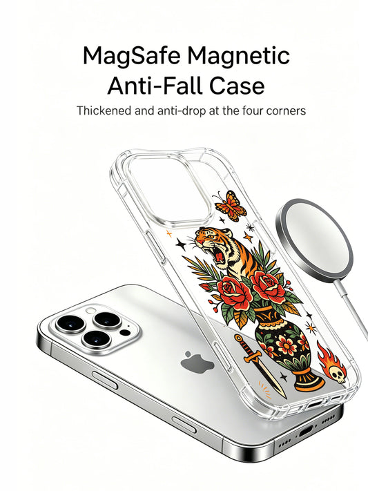 PhoneCasing iPhone 15 pro Case with double top butterflies, one vintage dagger beside floral vase, fierce tiger surrounded by full bloom roses, scratch resistant clear protective iPhone 15 pro casing for daily wear.