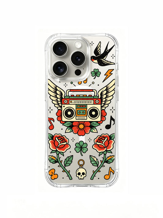 PhoneCasing iPhone 15 pro Case featuring Ruby Blackthorn old school vintage winged boombox tattoo, twin flying swallows, full red roses, lucky four-leaf clover & fiery flame details, transparent art iPhone 15 pro casing handmade in California factory.
