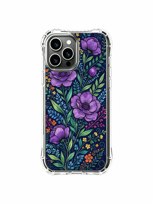 PhoneCasing iPhone 16 Pro Max Case featuring Elias Nocturne’s indigo peony design. Purple peonies on a deep blue background, gallery-quality print.