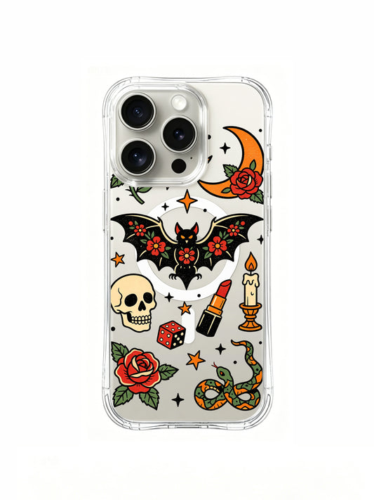PhoneCasing iPhone 15 pro Case with Ruby Blackthorn old school goth tattoo artwork, flower detailed black bat, orange crescent moon, twin lit candles, hollow skull, red dice, rose blossom and coiled snake decor, transparent anti-drop art iPhone 15 pro casing manufactured in California.