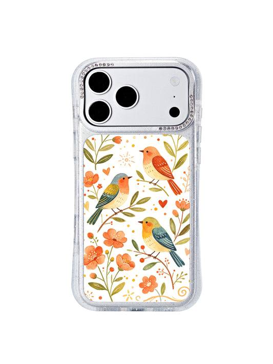 PhoneCasing exclusive artist collaboration iphone 17 pro Max case featuring Aurelia Finch’s Garden Freedom Chime watercolor folk art, uplifting dotted trails, songbirds and butterflies amid orange blooms to symbolize growth, courage and gentle freedom.