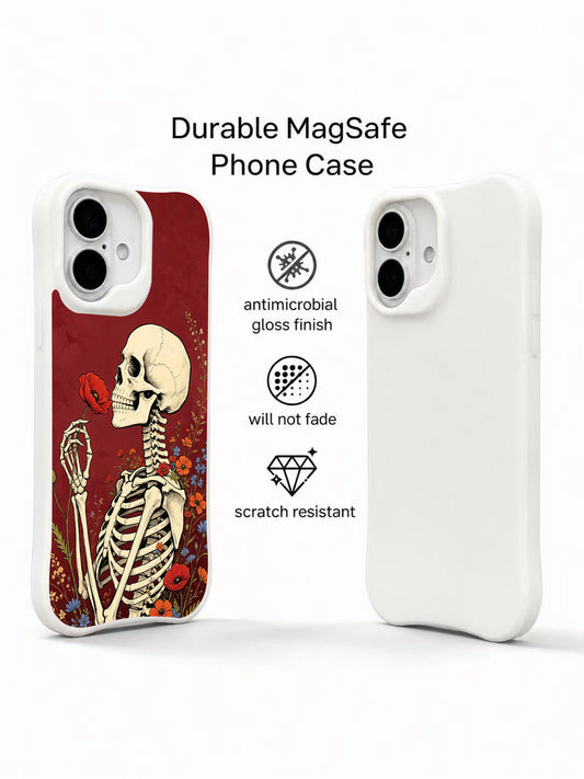 PhoneCasing goth skeleton poppy floral iPhone 16 Case, premium wearable dark romantic protective iPhone 16 cover manufactured in California
