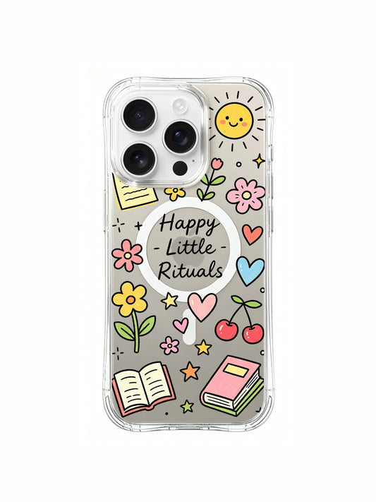 PhoneCasing iPhone 16 pro max MagSafe case with the whimsical "Happy Little Rituals" design, featuring flowers, sun, books, hearts and cherries for a cheerful vibe.