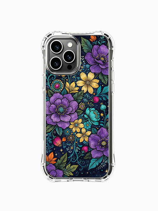 PhoneCasing iPhone 13 Pro Max Case featuring Elias Nocturne's Night Flower Universe design, a vibrant celestial floral print on a dark background.