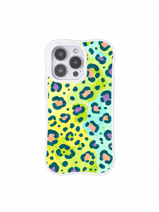 PhoneCasing iPhone 14 Pro Case, exclusive Lemon Soda Leopard watercolor artwork by Roxy Wildhart. Bright citrus pastel leopard spots on pale cream base, glossy white wavy shockproof bumper, cheerful summer vacation iPhone 14 Pro casing from Wild Heart Safari artist collection.