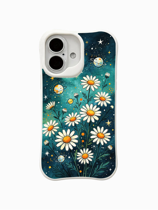 Mira Bloomwell’s whimsical Daisy Planet Journey design on this PhoneCasing iPhone 16 Plus Case, featuring bees and starry daisies against a deep teal night sky.