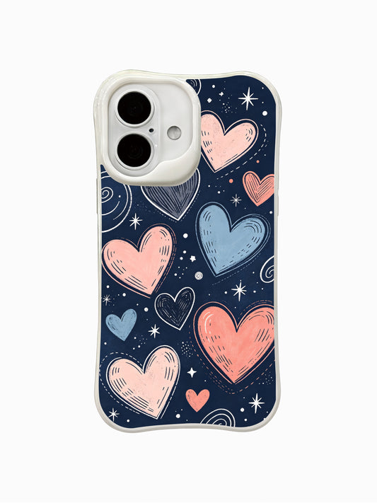 PhoneCasing iPhone 16 Plus case by Mila Hartwell, featuring hand-drawn stardust hearts on a deep navy background. This whimsical iphone 16 plus casing blends soft pink, coral, and blue tones with starry details for a dreamy look.