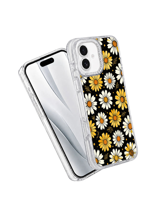 Matte black base daisy pattern iPhone 16 pro max casing by PhoneCasing, White Bloom Signal illustration full flat lay showcasing scattered gold speckles and thin leaf accents for iPhone 16 pro max.