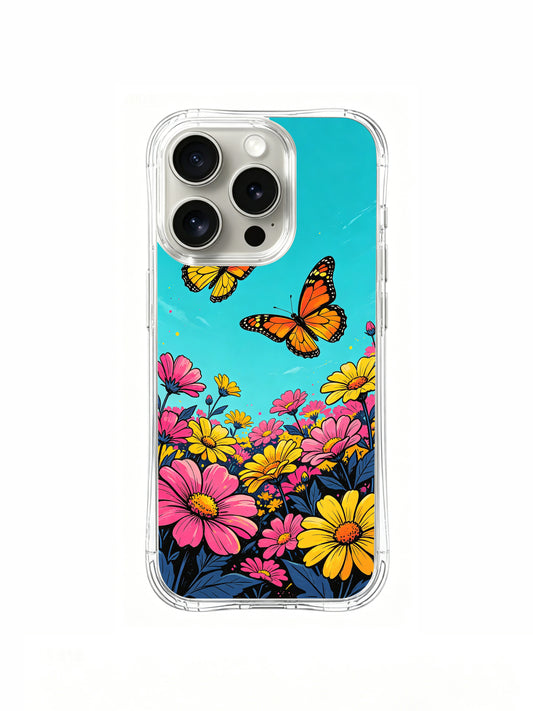 PhoneCasing "Butterfly Flame Meadow" art on an iPhone 16 Pro Max Case, Aurora Bloom’s fiery design of monarch butterflies soaring over a vibrant field of pink and orange blooms against a bright turquoise sky.