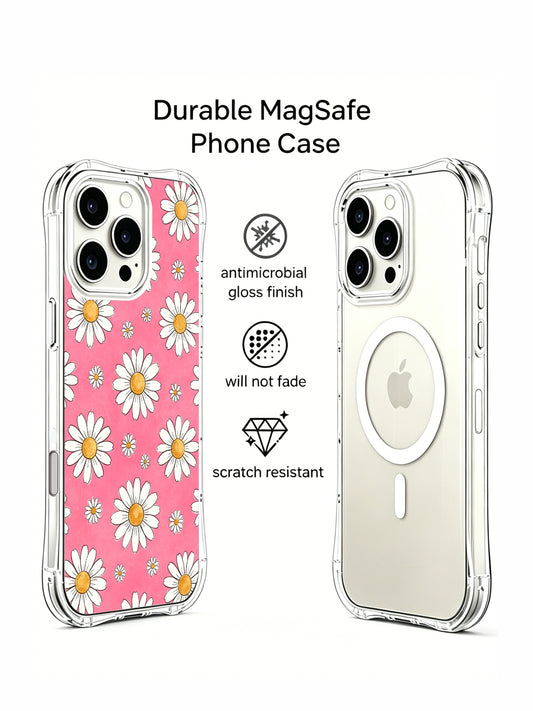 PhoneCasing iPhone 16 Pro Max Case with hand-drawn pink daisy art from Daisy Vale’s Afternoon Garden collection, a whimsical cottagecore aesthetic for women.