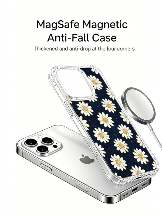 PhoneCasing iPhone 16 Pro Max Case with hand-drawn cream daisies on navy background from Daisy Vale, a gentle pattern inspired by slow mornings and quiet moments.