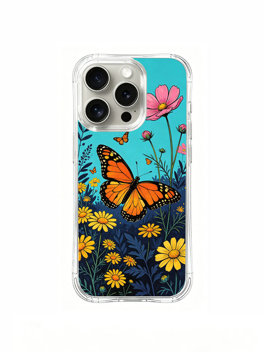 PhoneCasing hand-drawn nature illustration on an iPhone 16 Pro Max Case, Aurora Bloom’s original art of butterflies and blooming flowers.