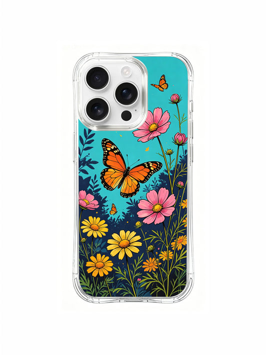 PhoneCasing "Summer Adventure" art on an iPhone 16 Pro Max Case, featuring butterflies exploring a bright wildflower meadow by Aurora Bloom.