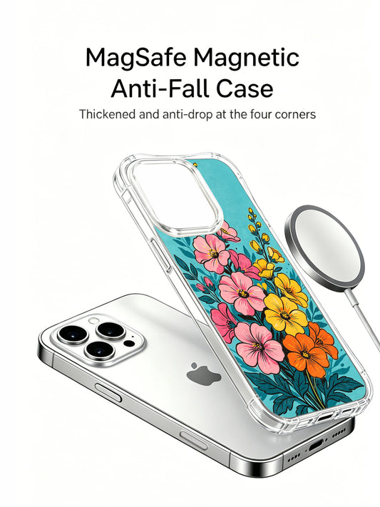 PhoneCasing turquoise floral wave design on an iPhone 16 Pro Max Case, a bright, energetic illustration of flowers rising like a joyful tide.
