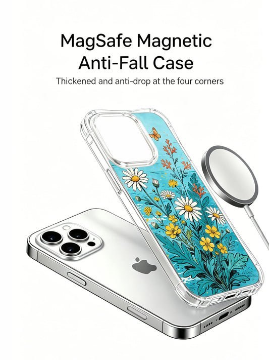 PhoneCasing turquoise sea garden design on an iPhone 16 Pro Max Case, featuring sunlit daisies and butterflies in a calm, coastal style.