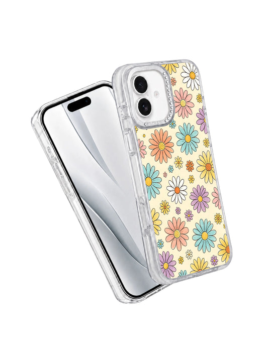 Full flat lay seamless pastel daisy pattern iPhone 16 pro max casing by PhoneCasing, Cream Color Daisy Parade retro sketch sticker aesthetic, soft cream background wearable art for iPhone 16 pro max.