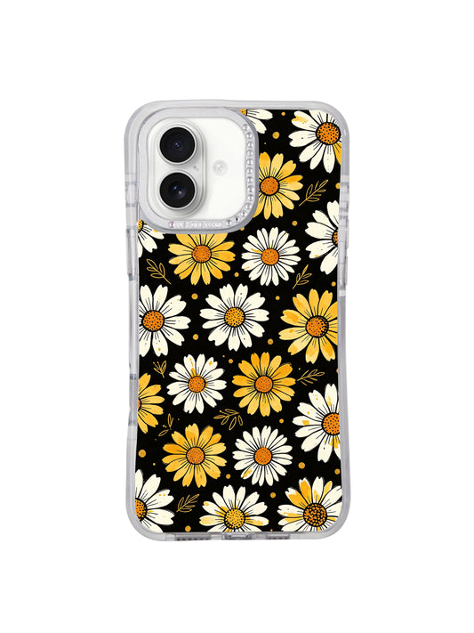 White Bloom Signal daisy fine art iPhone 16 pro max casing from PhoneCasing, hand drawn two-tone yellow white floral print on matte black background, original Estrella Nocturna artwork front shot.