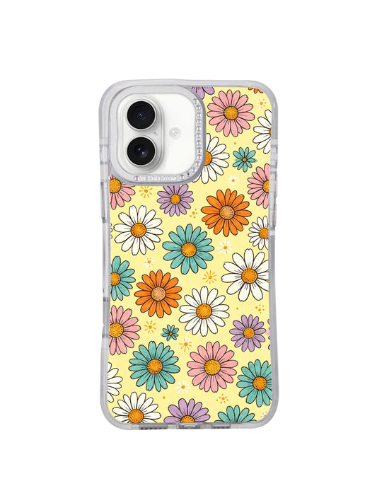 Buttercream Color Bloom cheerful multicolor floral iPhone 17 casing from PhoneCasing, vibrant mixed daisy print on warm creamy butter yellow backdrop, original Solea Meadow bright hopeful spring artwork hero shot for iPhone 17.