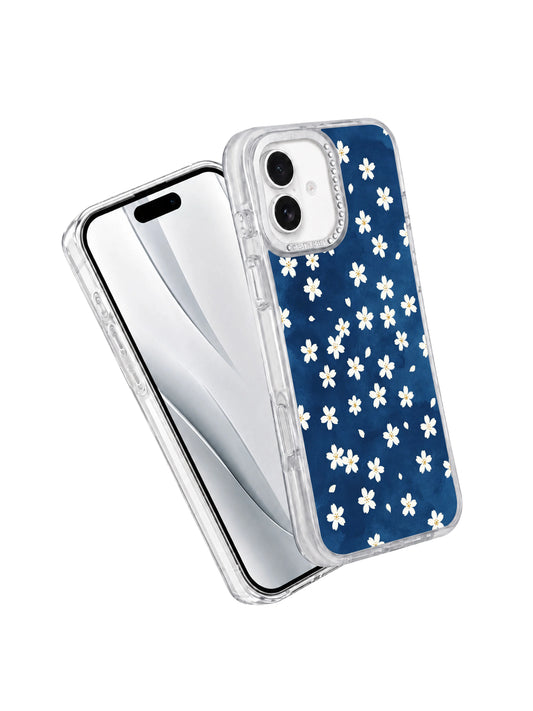 Drop impact protection demo shot Deep Sea Little Daisies iPhone 17 casing, flexible transparent anti-break bumper PhoneCasing shell fully shielding iPhone 17 from falls.