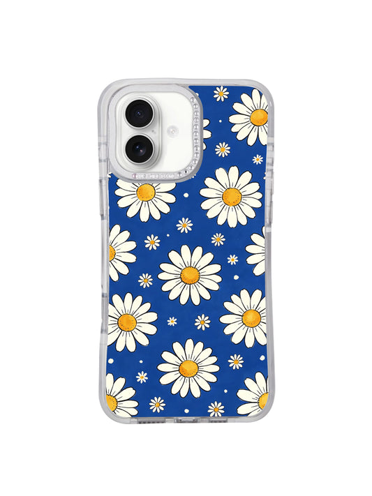 Full surface balanced alternating big & small daisy Blue Big Small Daisy Rhythm print iPhone 17 casing, clean classic sapphire blue base upbeat rhythmic design developed by PhoneCasing for iPhone 17.