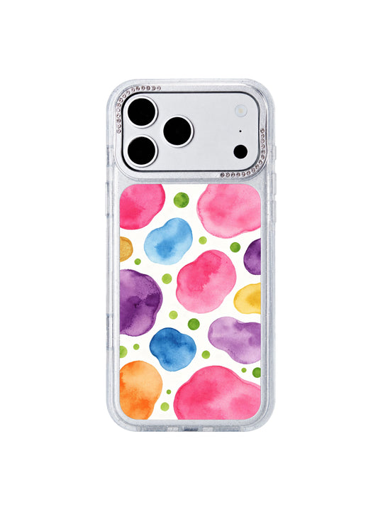 Candy neon polka dot garden PhoneCasing iPhone 17 Pro Max case with soft pink fluid and green dot patterns by artist Lila Marrow