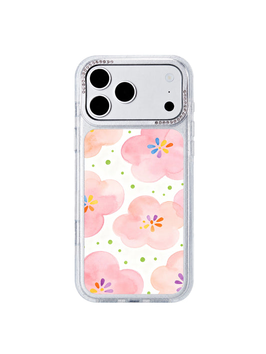 Cloud berry track experiment book PhoneCasing iPhone 17 Pro Max case with large magenta cloud blobs, mint oval dots, tiny blue specks and wavy trail stripes by artist Lila Marrow
