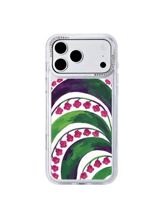 Night study garden code PhoneCasing iPhone 17 Pro Max case with deep violet library fields, green thought sprouts and glowing magenta orange secret flower codes by artist Lila Marrow