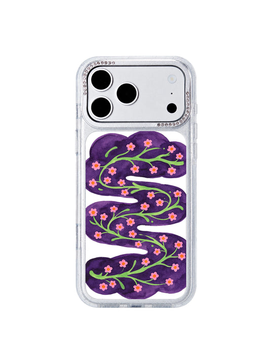 Starry night berry vine wander PhoneCasing iPhone 17 Pro Max case with deep violet midnight fields, bright green vines and glowing magenta orange berry blooms by artist Lila Marrow