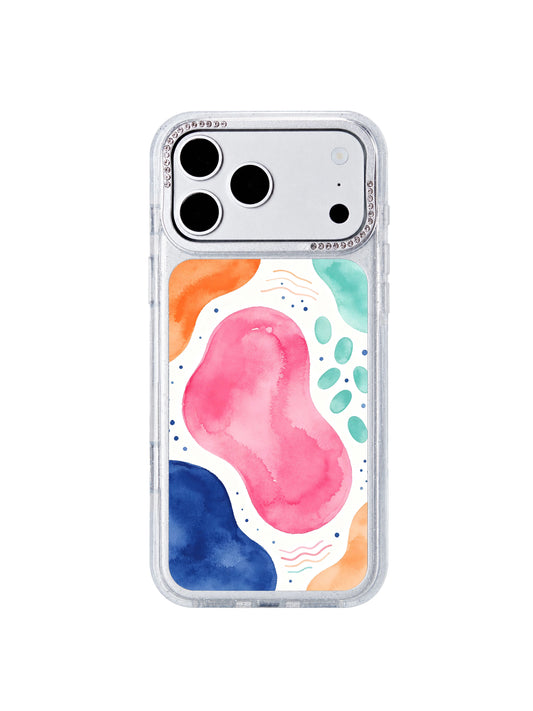 Sugar cloud drift coordinate PhoneCasing iPhone 17 Pro Max case with oversized hot-pink cloud blob, mint oval dots, blue marks and wavy stripes by artist Lila Marrow