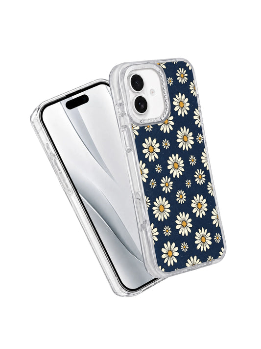 Vintage old wallpaper inspired hand sketched daisy artwork iPhone 17 casing, Retro Navy Daisy Wallpaper calm focused mature design exclusive to PhoneCasing iPhone 17.