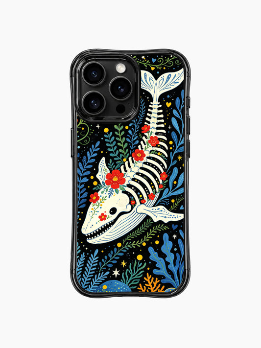 PhoneCasing iPhone 16 pro max case featuring the whimsical Midnight Flower Whale design by Estrella Nocturna. Folk art print with skeleton whale, red flowers, and ocean plants.