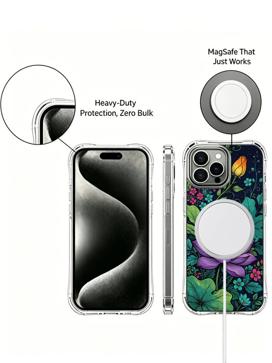 PhoneCasing iPhone 16 Pro Max Case featuring exclusive Elias Nocturne midnight purple lotus garden art. Aesthetic illustrated floral design with dark botanical details, gallery-quality print for your device.