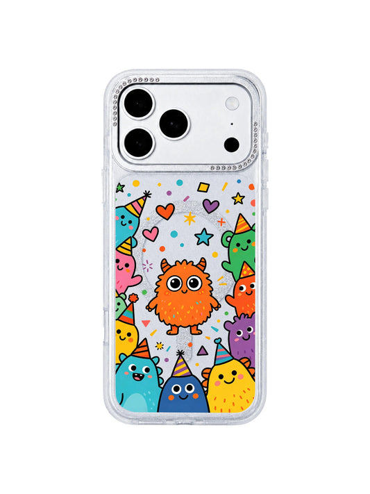 PhoneCasing exclusive Milo Popkins Brave Orange Monster iPhone 17 Pro Max case, primary flat product shot of glitter hourglass protective casing printed with central fuzzy orange blob monster surrounded by colorful party creature doodles and heart star confetti, main hero graphic for iPhone 17 Pro Max casing homepage listing