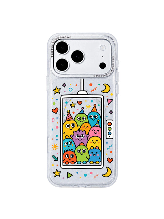 PhoneCasing exclusive Milo Popkins Fantasy Monster Elevator iPhone 17 Pro Max case, plain white background front flat mockup of rhinestone glitter shockproof iPhone 17 Pro Max casing with star & heart whimsical wish cartoon graphics for store homepage hero banner