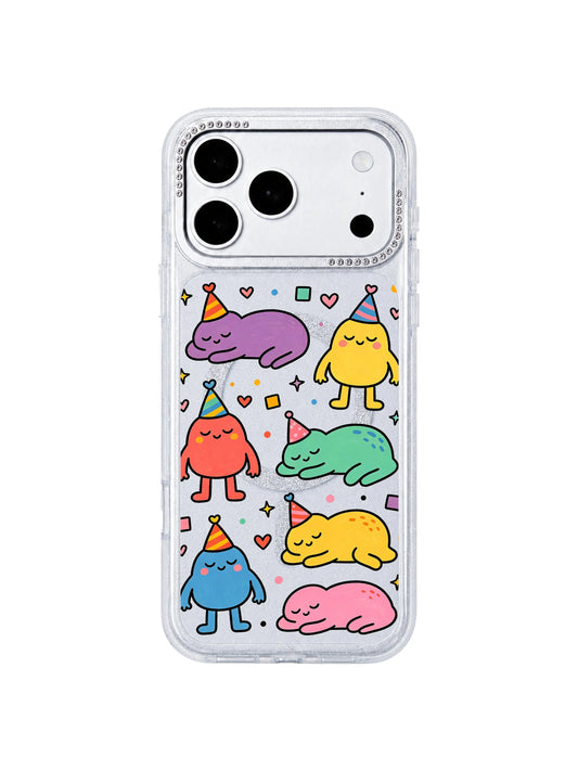 PhoneCasing exclusive Milo Popkins Nap Hat Monster iPhone 17 Pro Max case, primary flat hero shot of glitter hourglass protective iPhone 17 Pro Max casing printed with sleepy pastel blob doodles, party hats heart star confetti for store homepage product listing