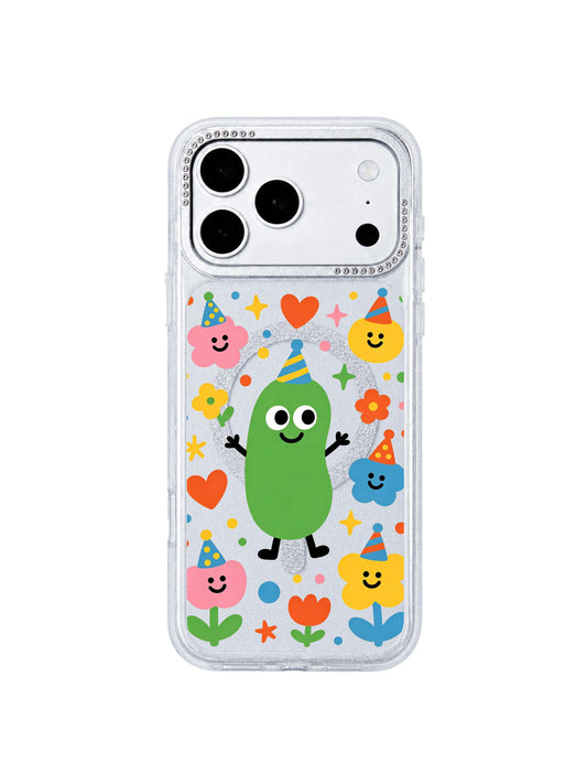 PhoneCasing side cutout close-up showing perfectly molded buttons, charging port and speaker grilles on Party Pickle Spring iPhone 17 Pro Max case, custom zero-loose tailored fit demonstration for the iPhone 17 Pro Max casing