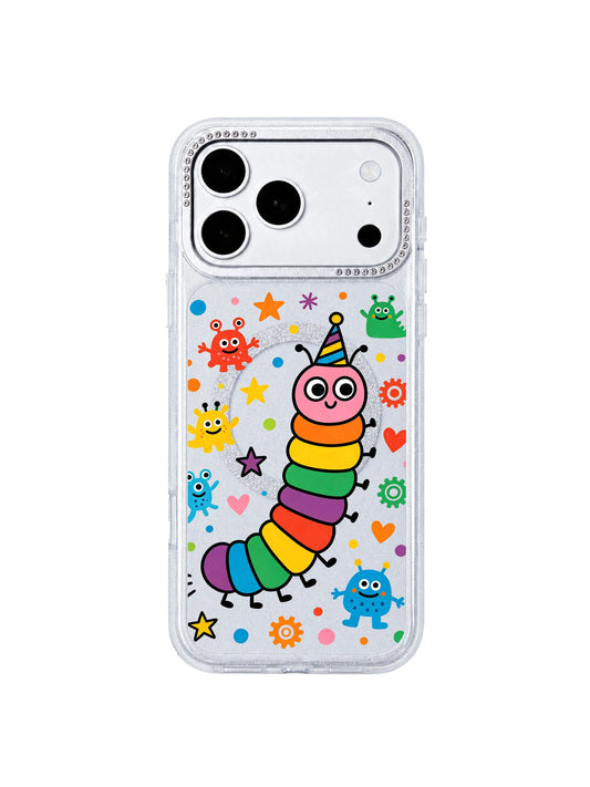 PhoneCasing side cutout close-up showing perfectly molded volume buttons, charging port and speaker grilles on Rainbow Caterpillar Dream Factory iPhone 17 Pro Max case, zero-loose custom fit demonstration for iPhone 17 Pro Max protective casing