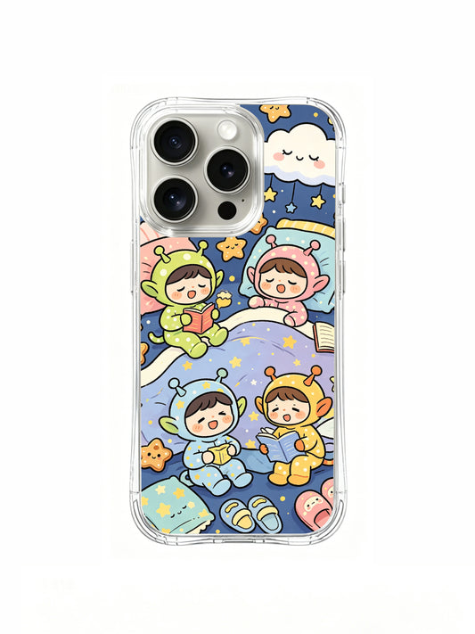 PhoneCasing iPhone 16 pro Case featuring Milo Yun’s whimsical Alien Pajama Party illustration, premium artist-collaborated art casing for women.