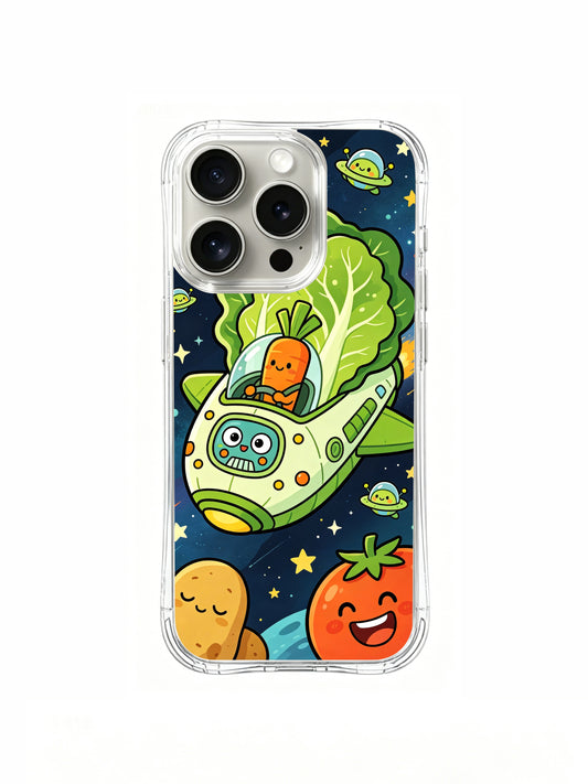 PhoneCasing iPhone 16 Pro Case featuring Milo Yun’s whimsical Space Veggie Ship illustration, premium artist-collaborated art casing for women.